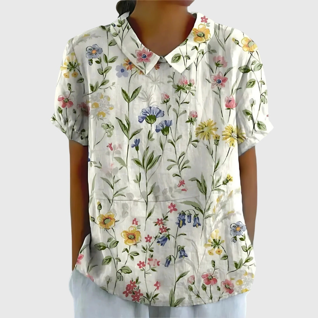 Floral Shirt with Button-Down and Short Sleeves for Women