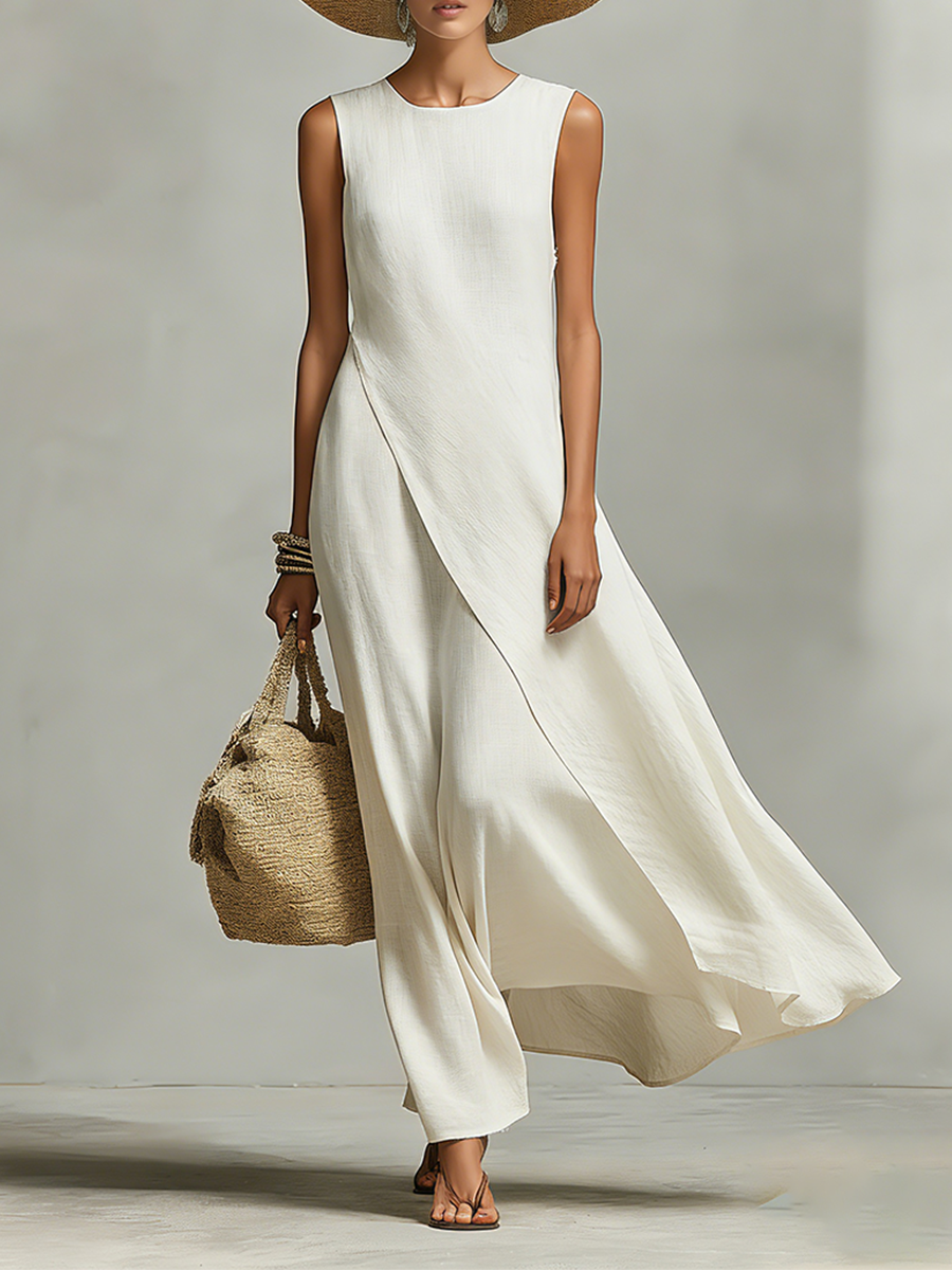 Sleeveless Linen Maxi Dress with Asymmetric Hem for Women