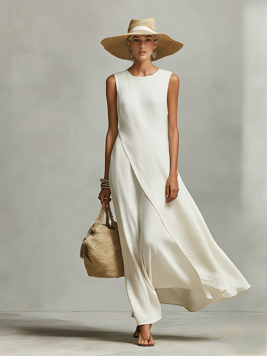 Sleeveless Linen Maxi Dress with Asymmetric Hem for Women
