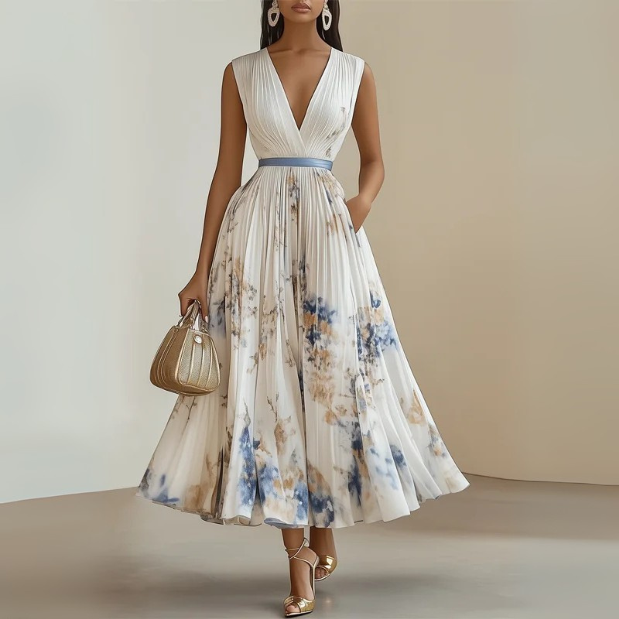 Pleated Sleeveless V-Neck Maxi Dress for Women