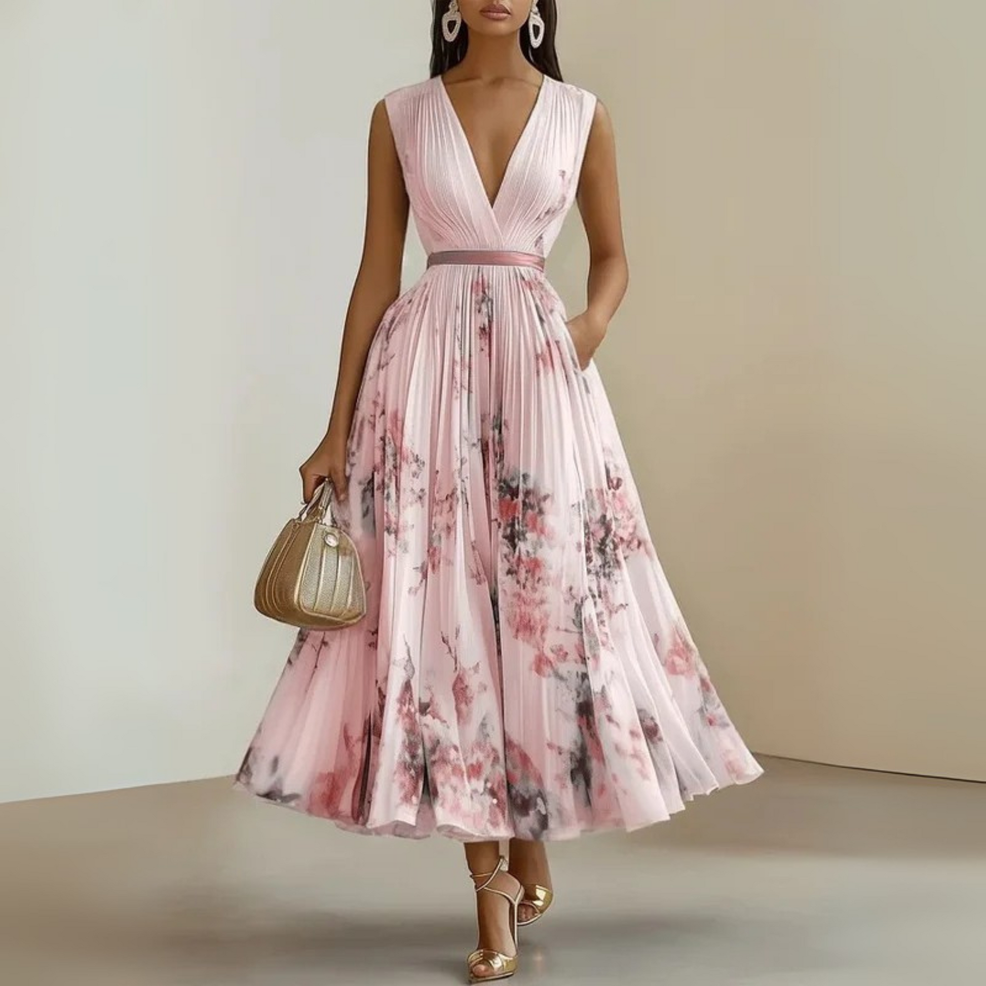Pleated Sleeveless V-Neck Maxi Dress for Women