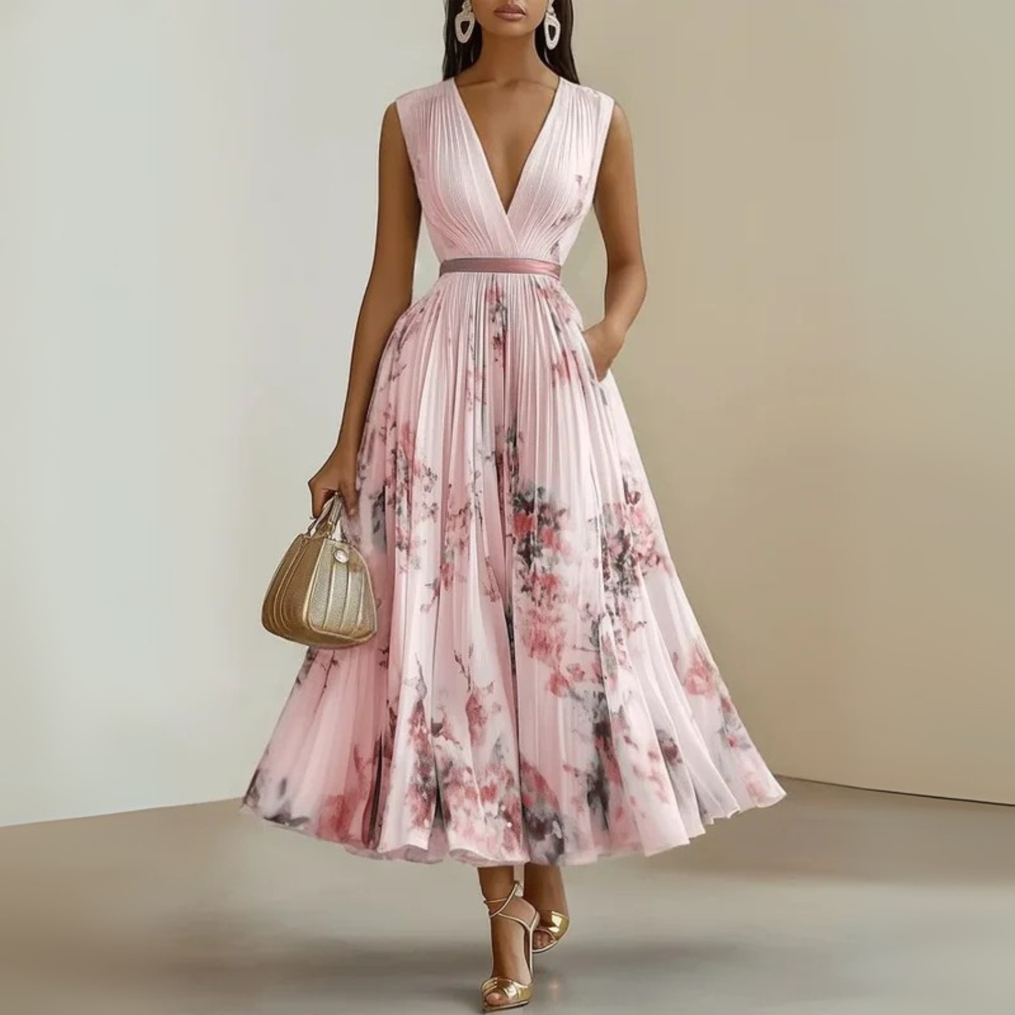 Pleated Sleeveless V-Neck Maxi Dress for Women