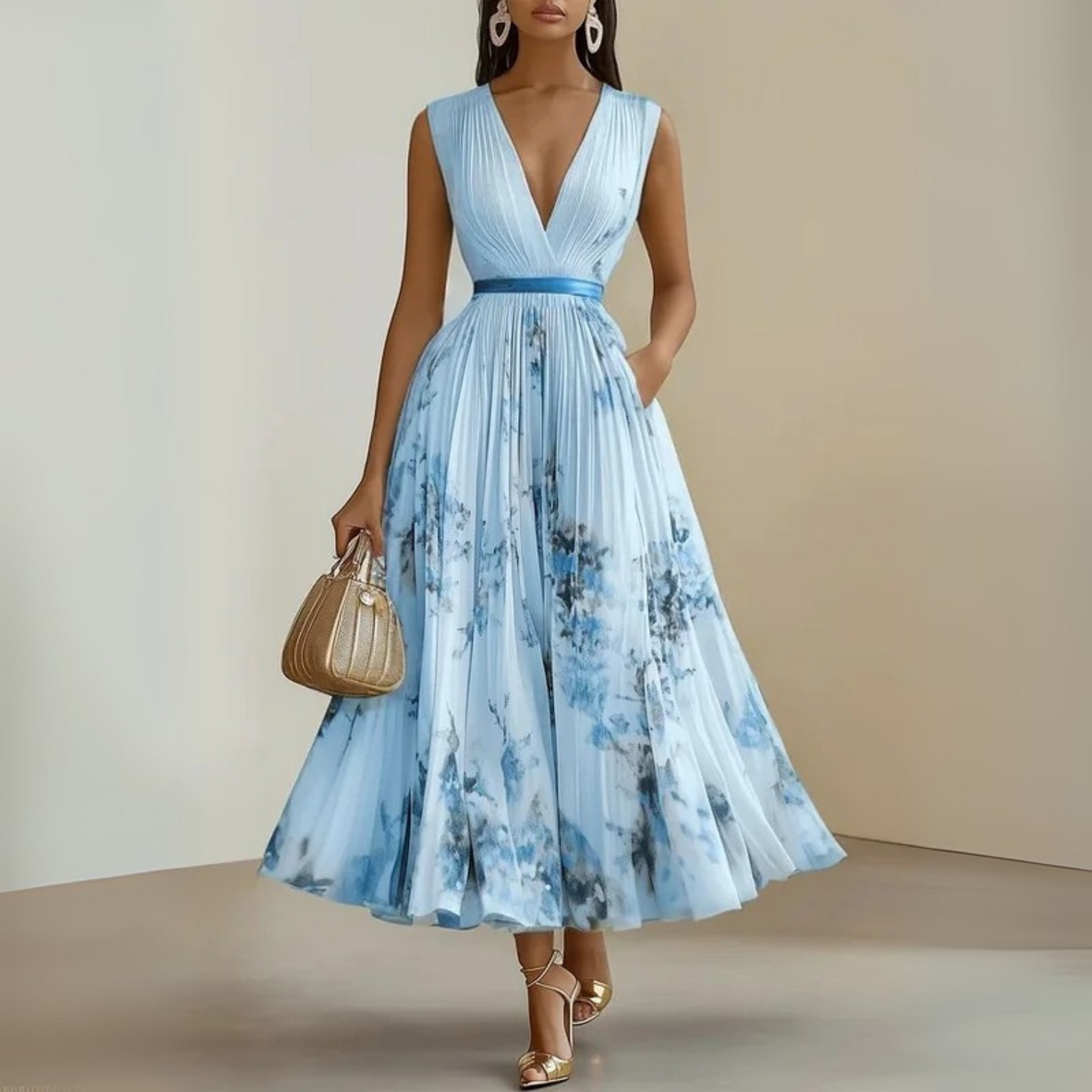 Pleated Sleeveless V-Neck Maxi Dress for Women