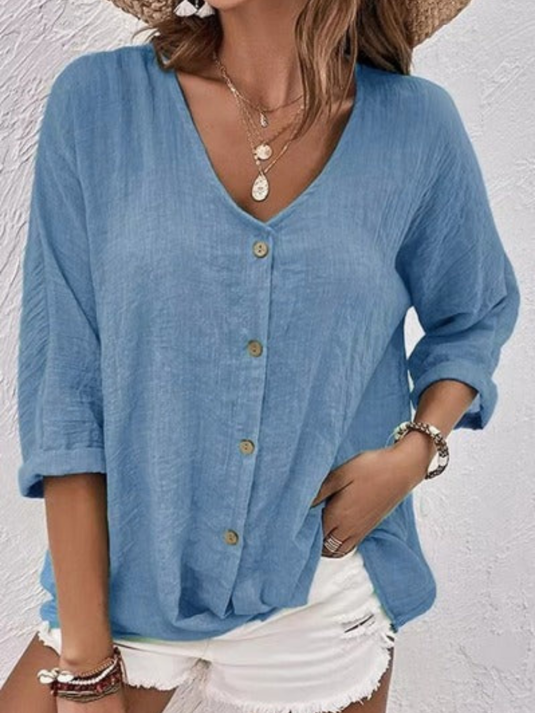 V-Neck Button-Down Long Sleeve Blouse for Women