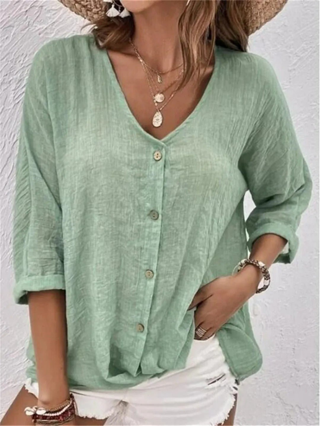 V-Neck Button-Down Long Sleeve Blouse for Women