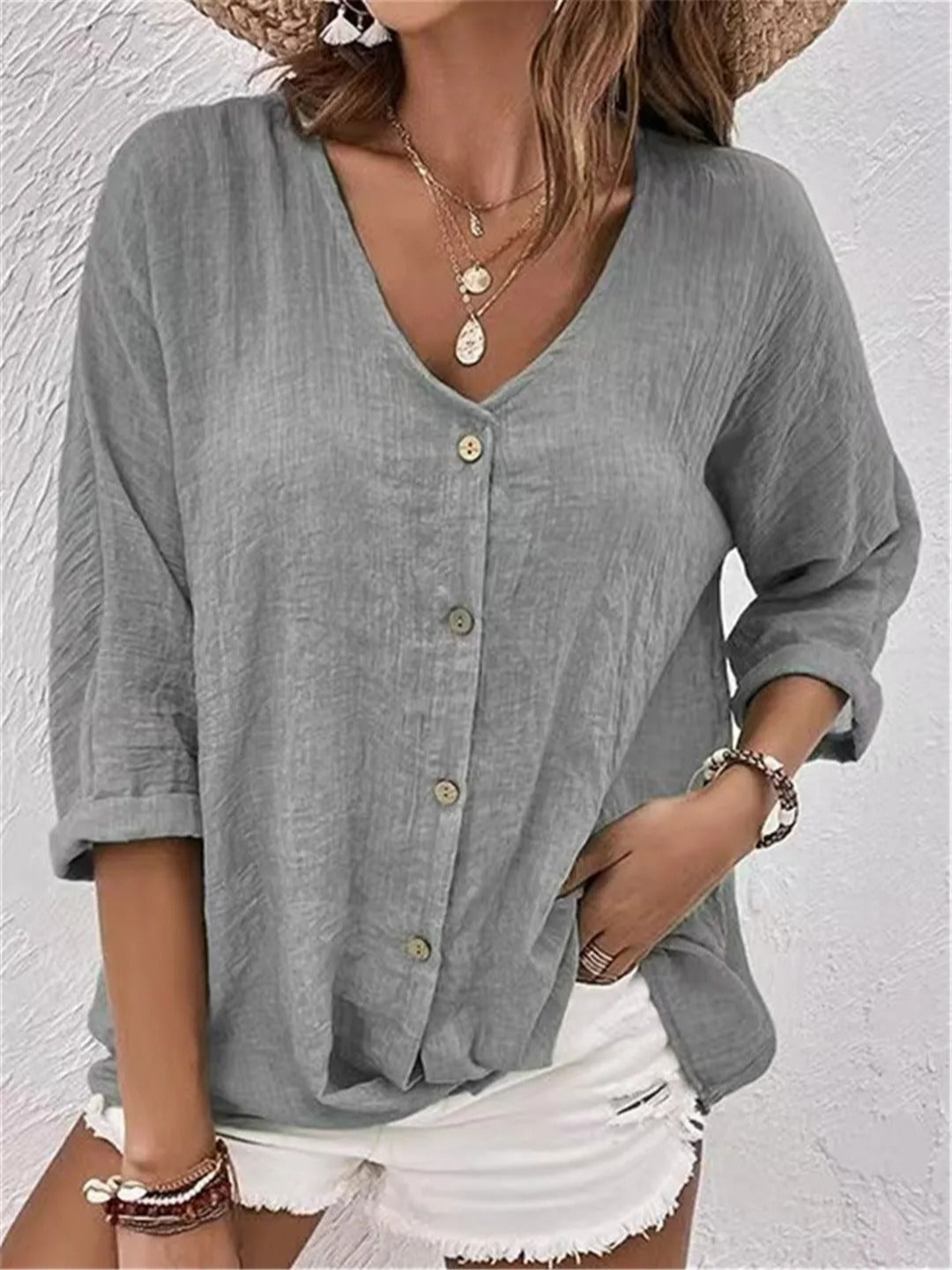 V-Neck Button-Down Long Sleeve Blouse for Women