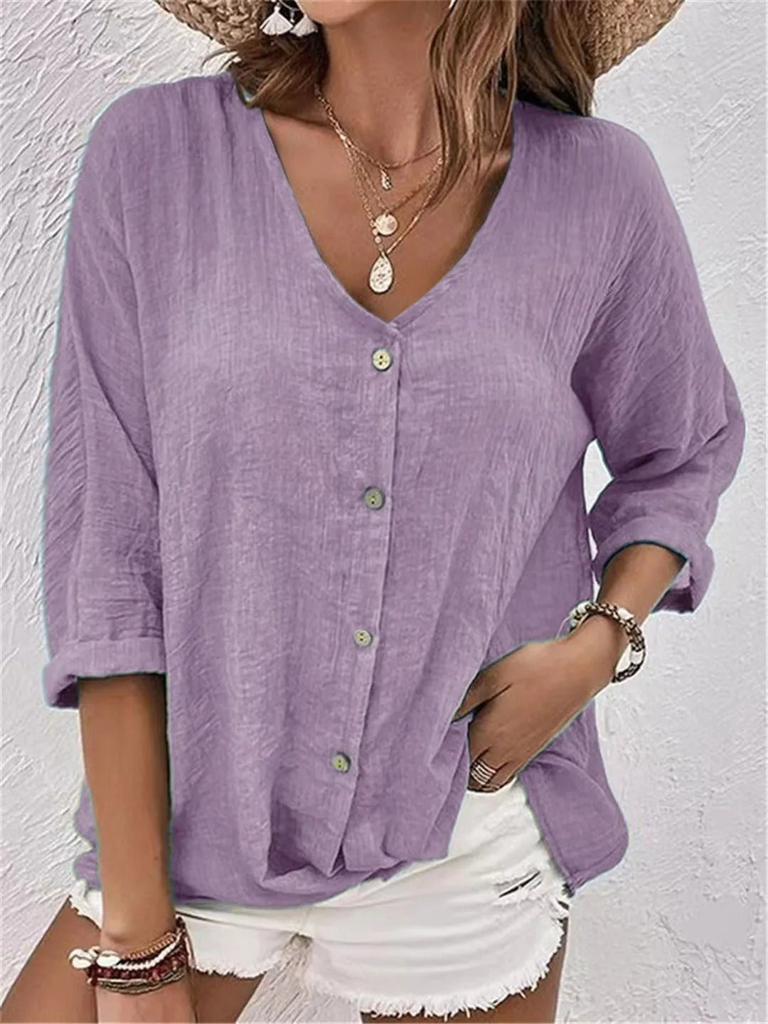 V-Neck Button-Down Long Sleeve Blouse for Women