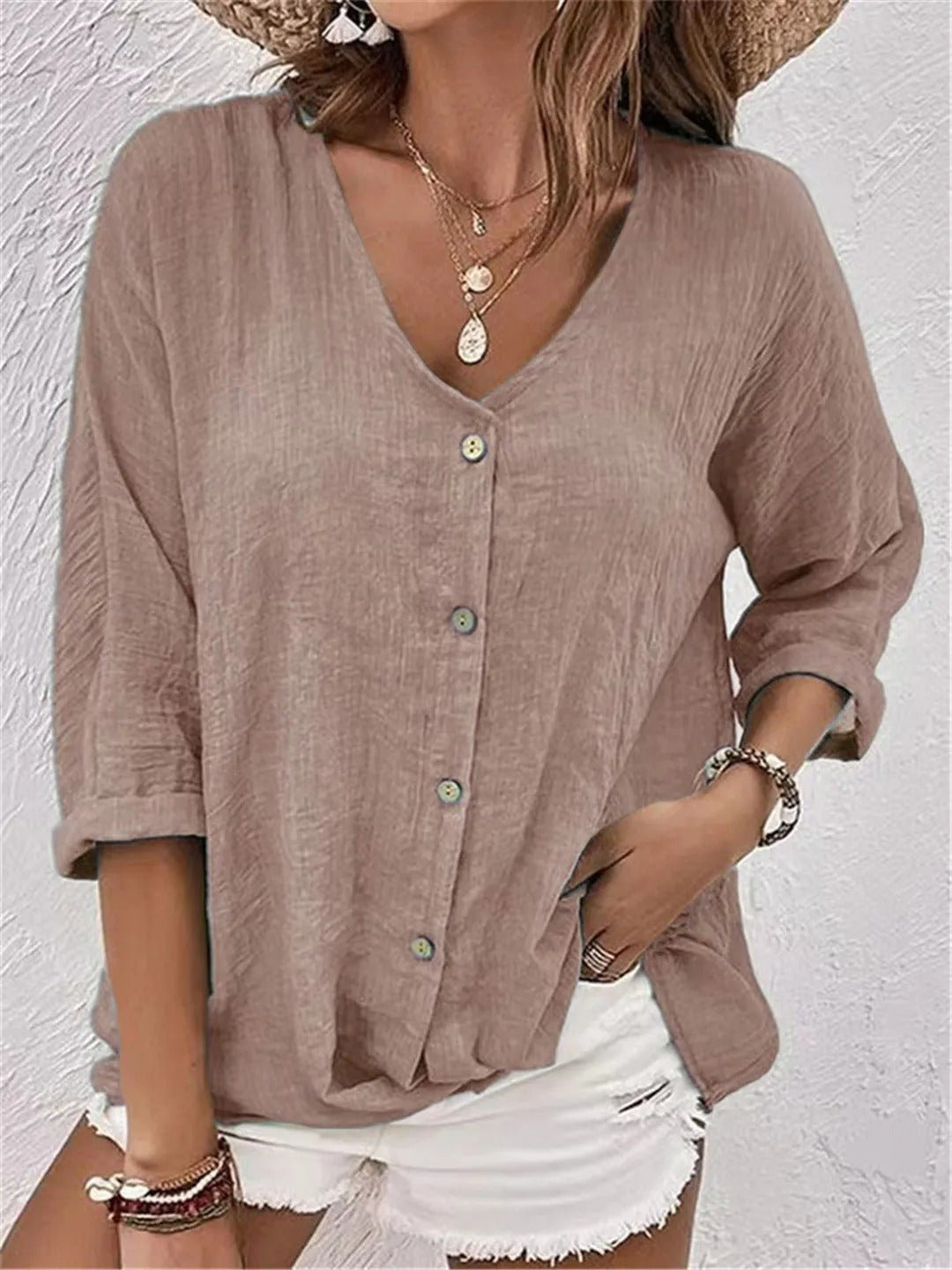 V-Neck Button-Down Long Sleeve Blouse for Women