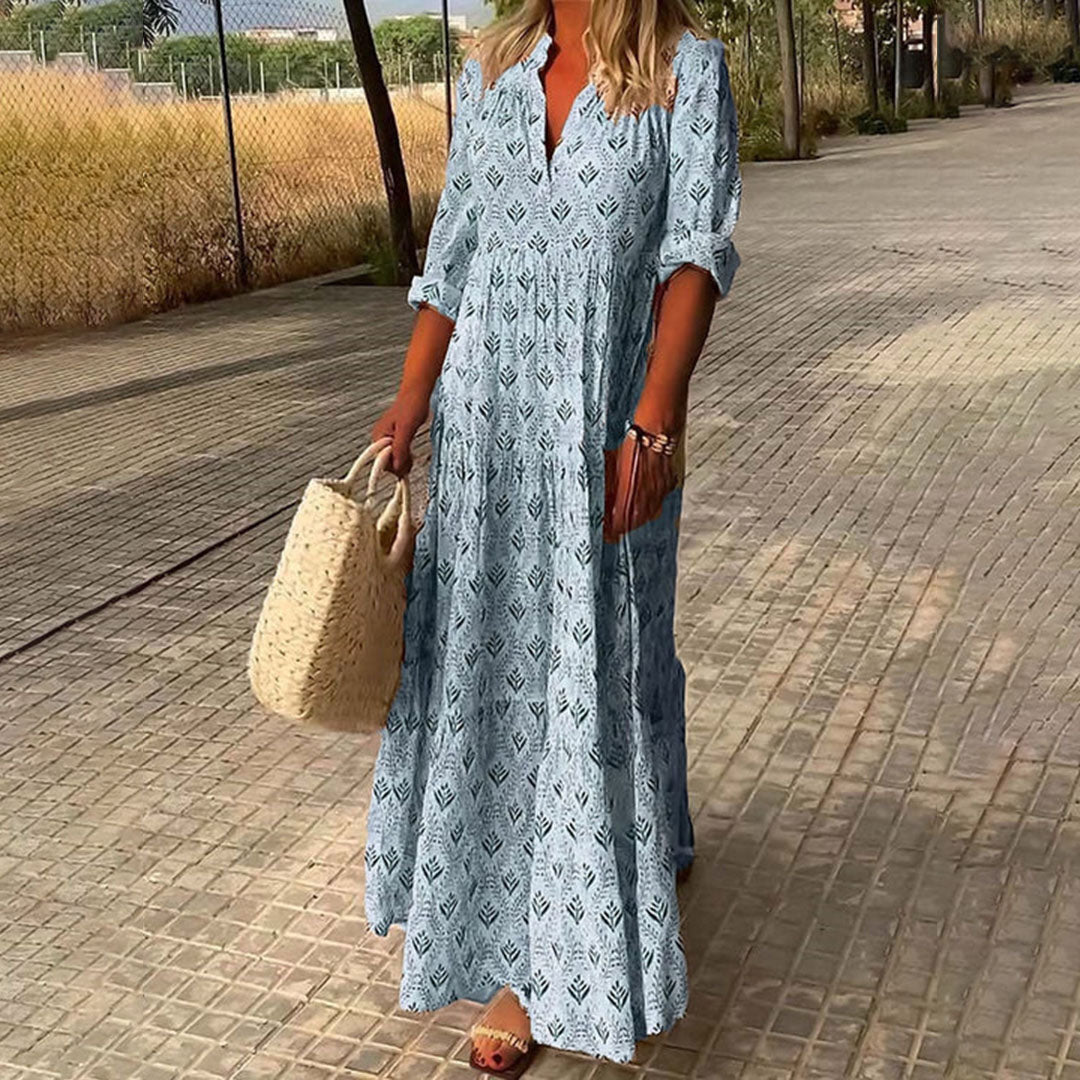 Maxi V-Neck Button-Down Boho Print Dress for Women