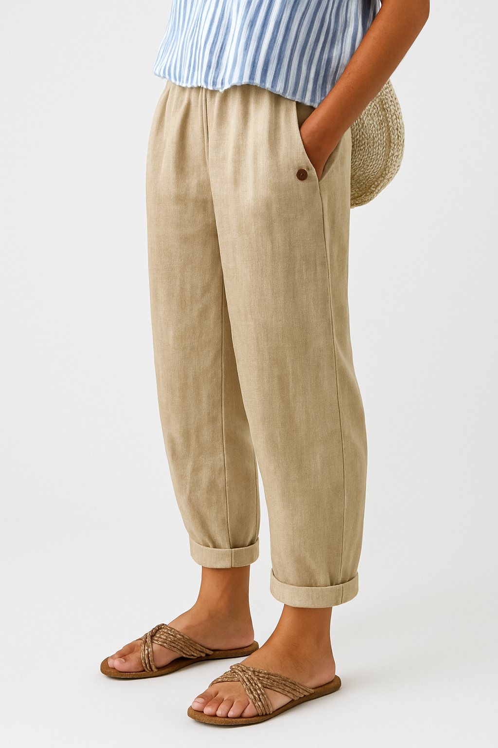 Linen Cropped Wide Leg Trousers with Side Seam Pockets for Women