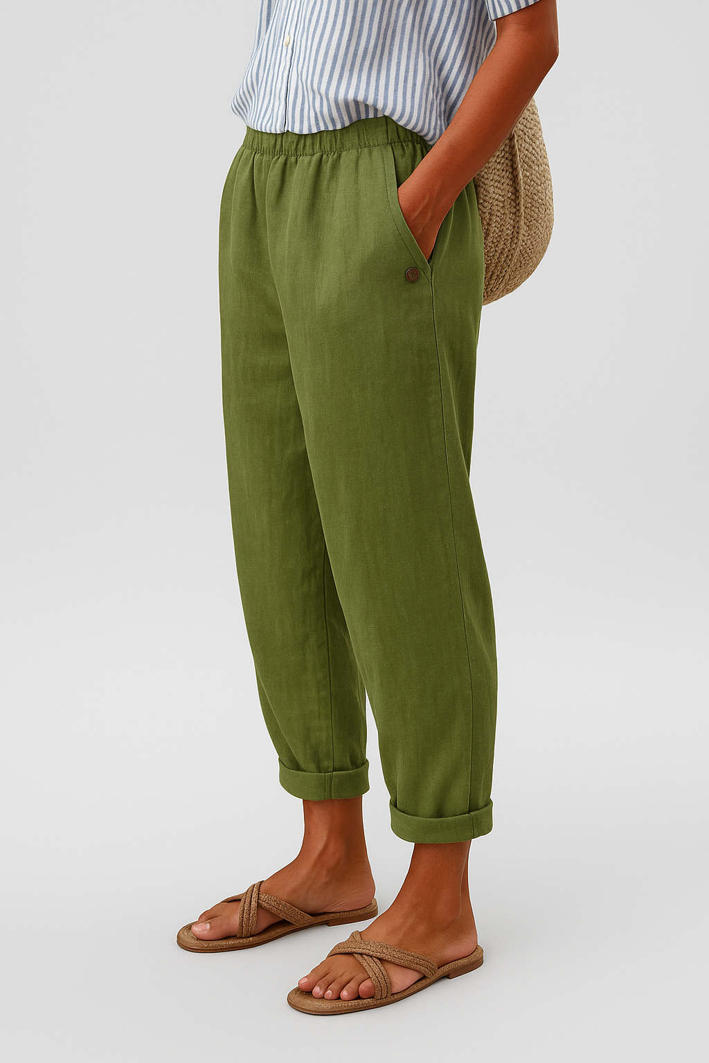 Linen Cropped Wide Leg Trousers with Side Seam Pockets for Women