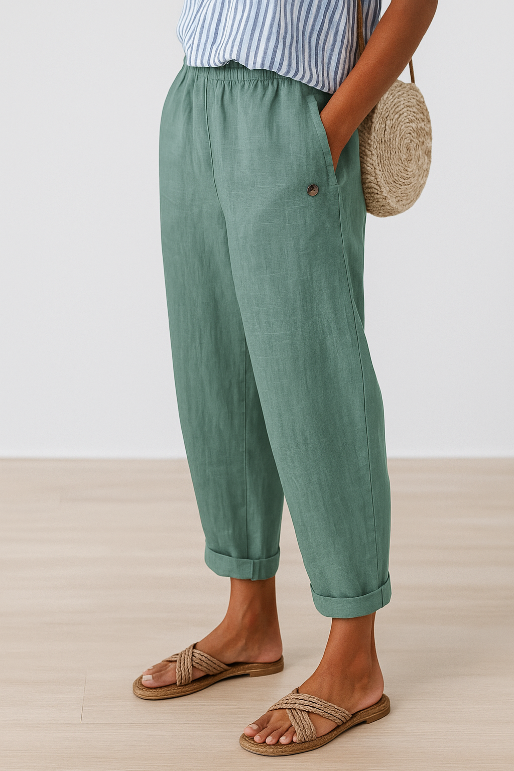Linen Cropped Wide Leg Trousers with Side Seam Pockets for Women