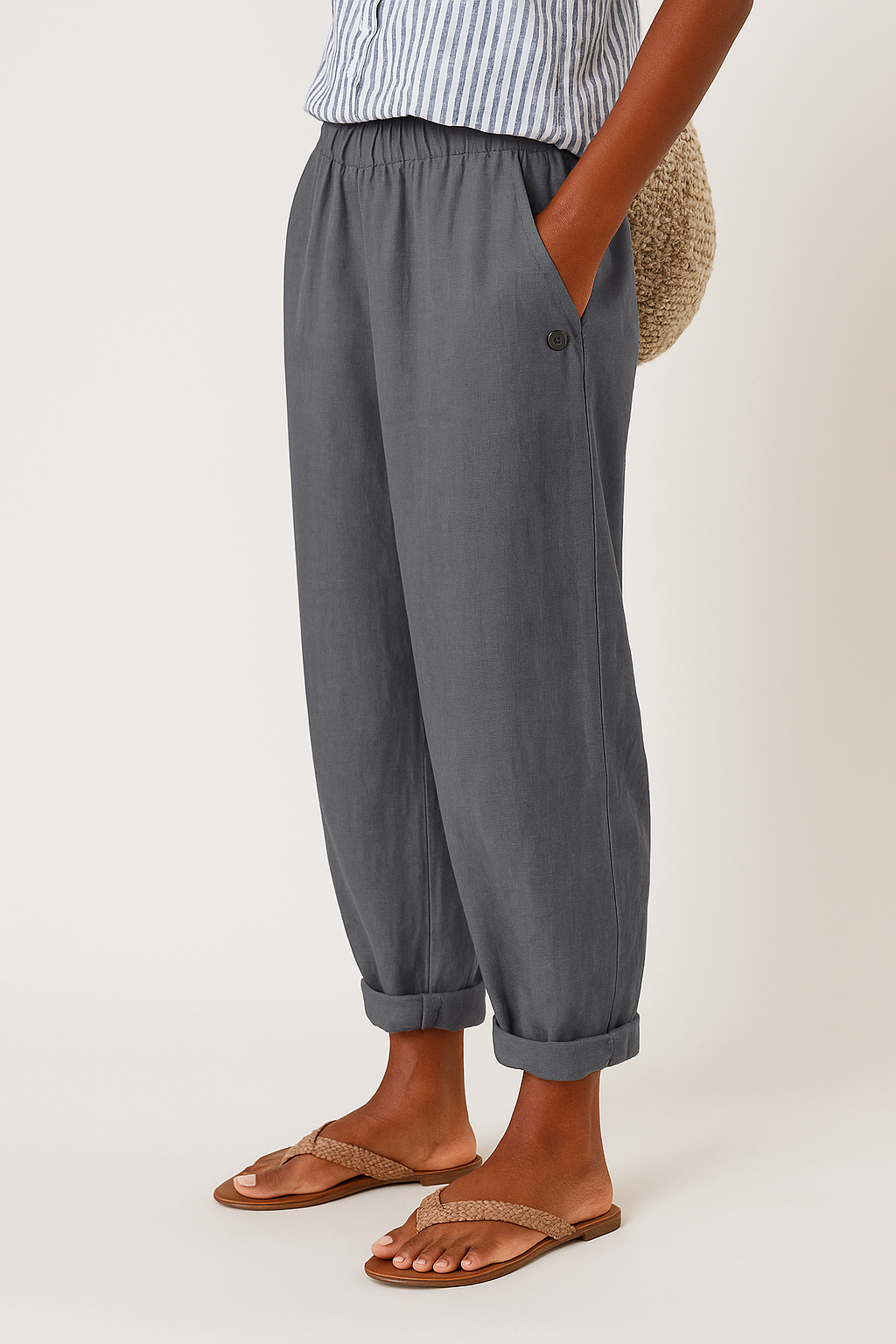 Linen Cropped Wide Leg Trousers with Side Seam Pockets for Women