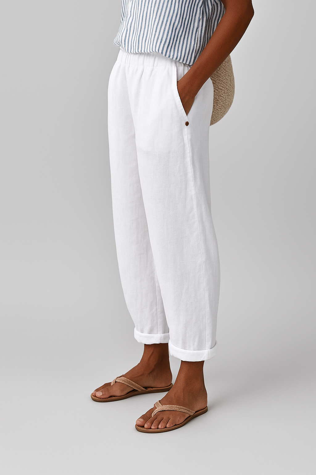 Linen Cropped Wide Leg Trousers with Side Seam Pockets for Women