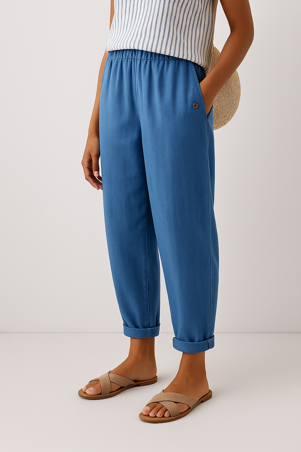 Linen Cropped Wide Leg Trousers with Side Seam Pockets for Women