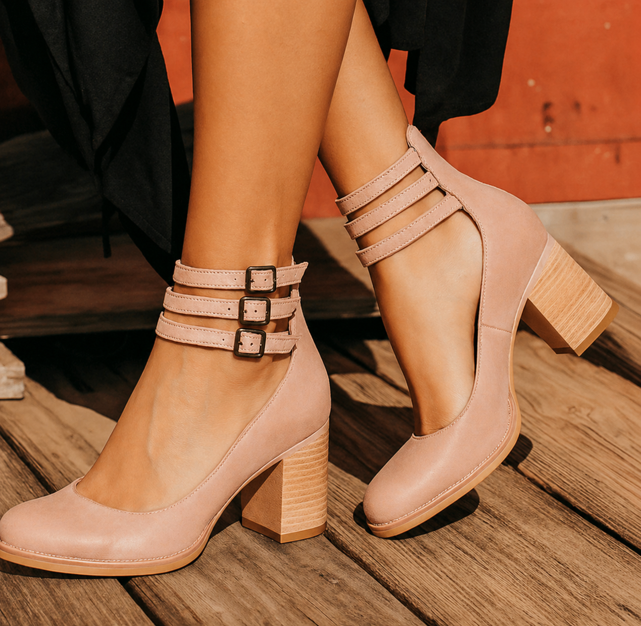 Block Heel Ankle Strap Boots for Women
