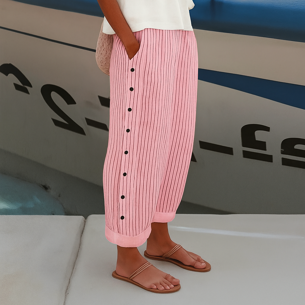 Striped Button Detail Straight Leg Trousers for Women