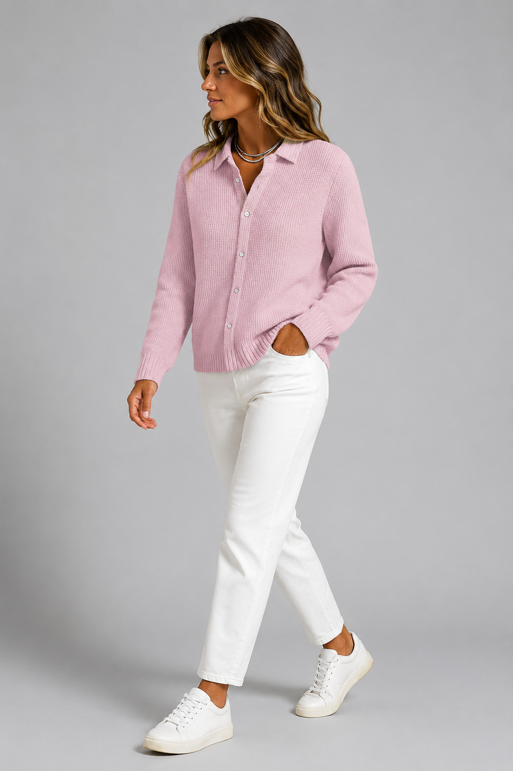 Ribbed Knit Cardigan with Button-Down for Women