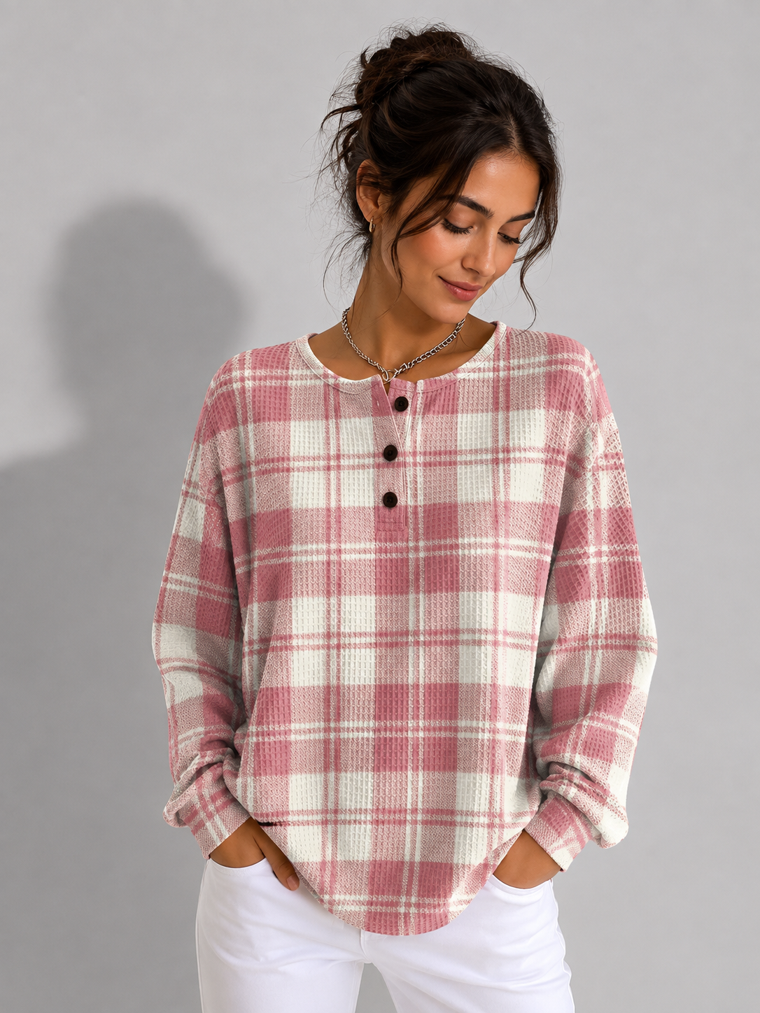 Plaid Ribbed Knit Sweater with Button-Up for Women