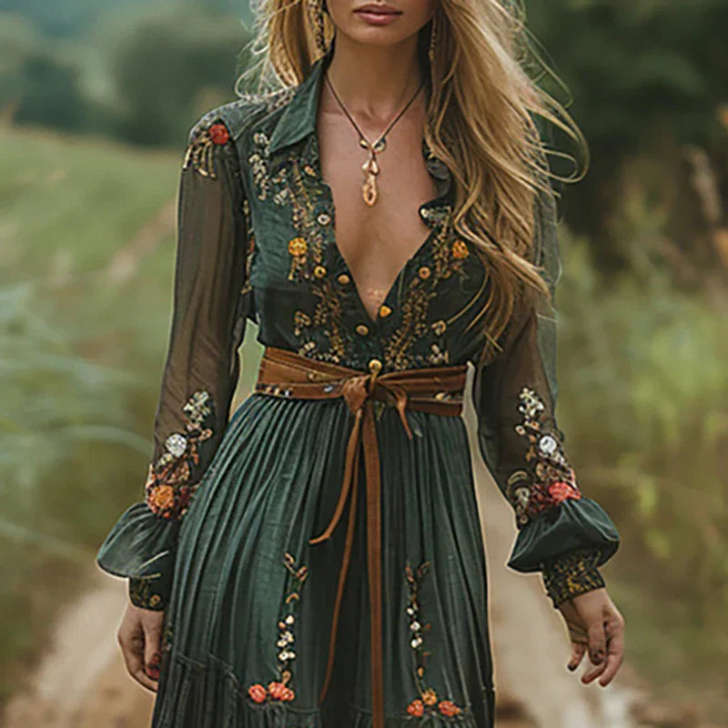 Embroidered V-Neck Maxi Dress for Women