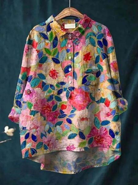 Oversized Button-Down Floral Blouse for Women