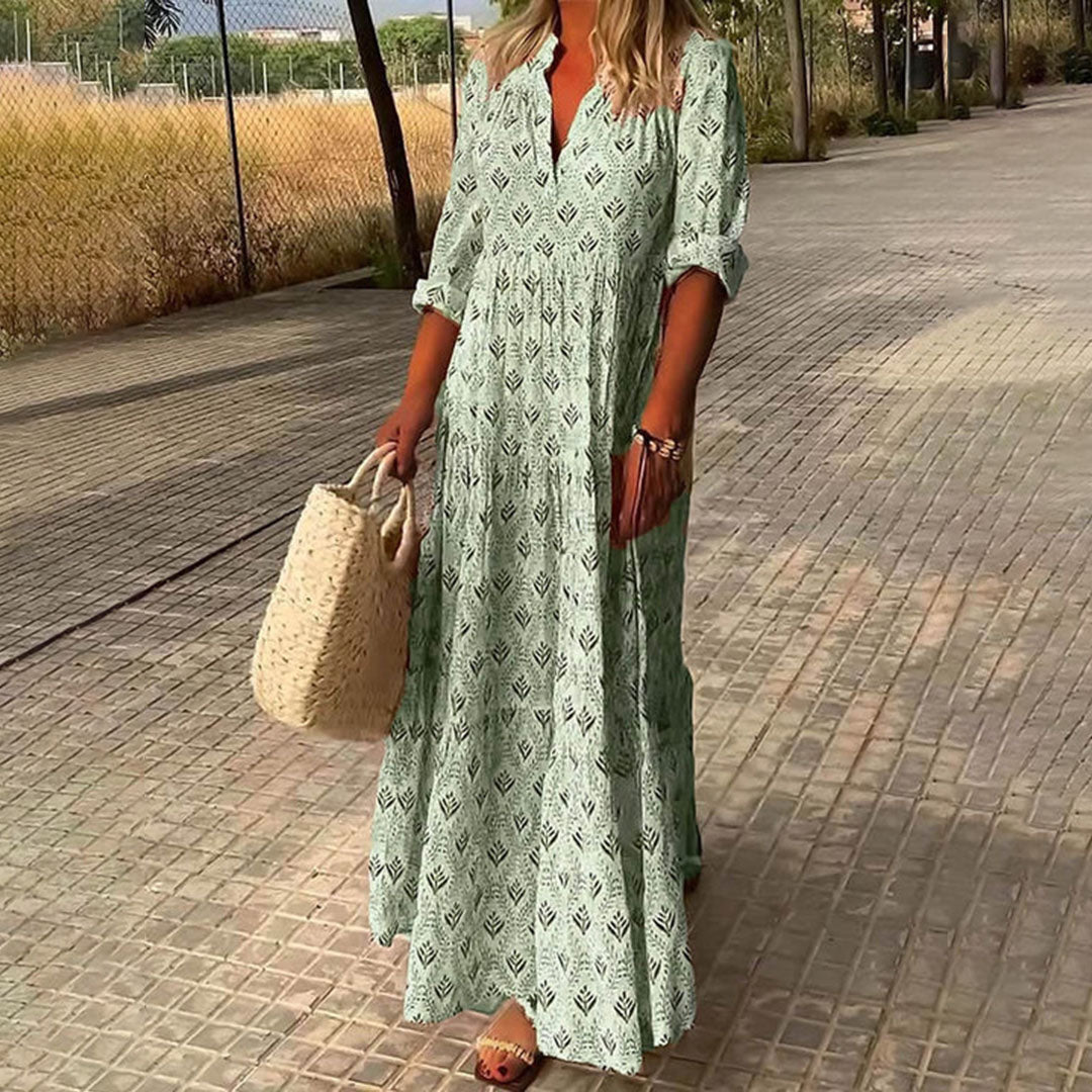 Boho Maxi Dress with V-Neck and Button-Front for Women
