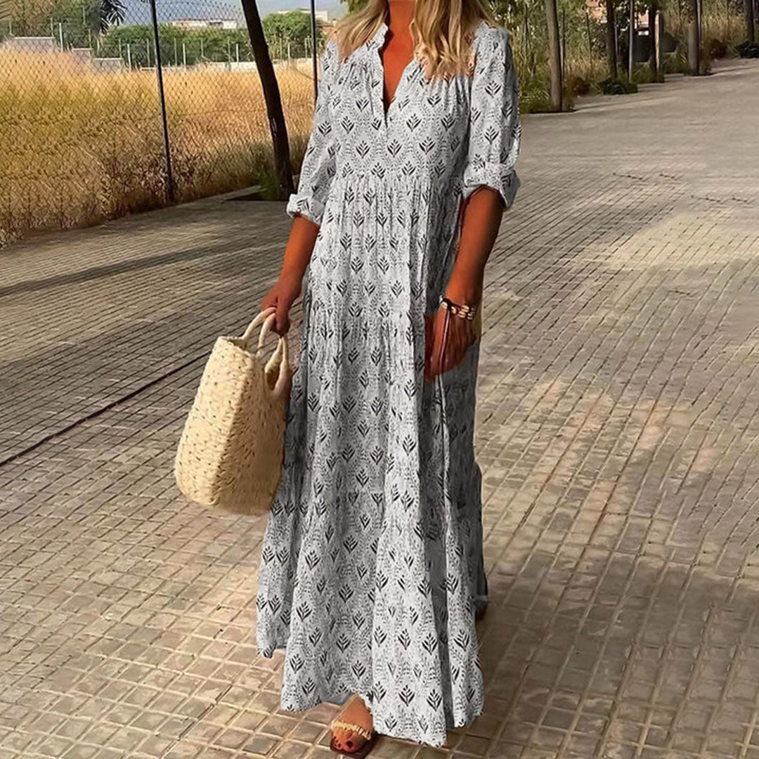 Maxi V-Neck Button-Down Boho Print Dress for Women