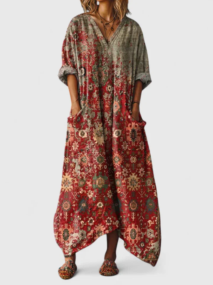 V-Neck 3/4 Sleeve Maxi Dress with Front Pockets for Women