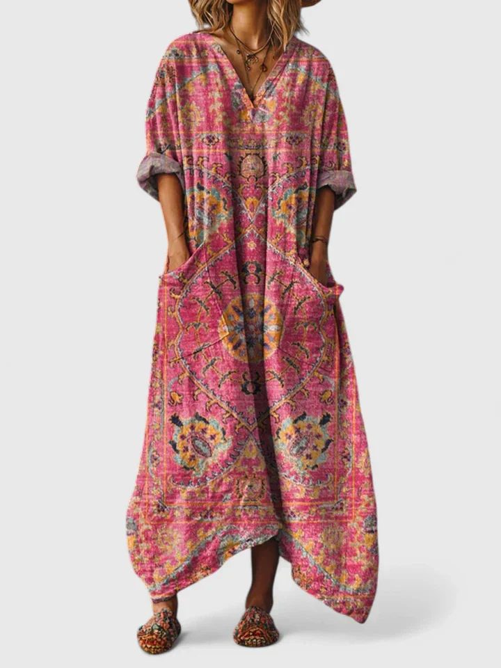 V-Neck 3/4 Sleeve Maxi Dress with Front Pockets for Women