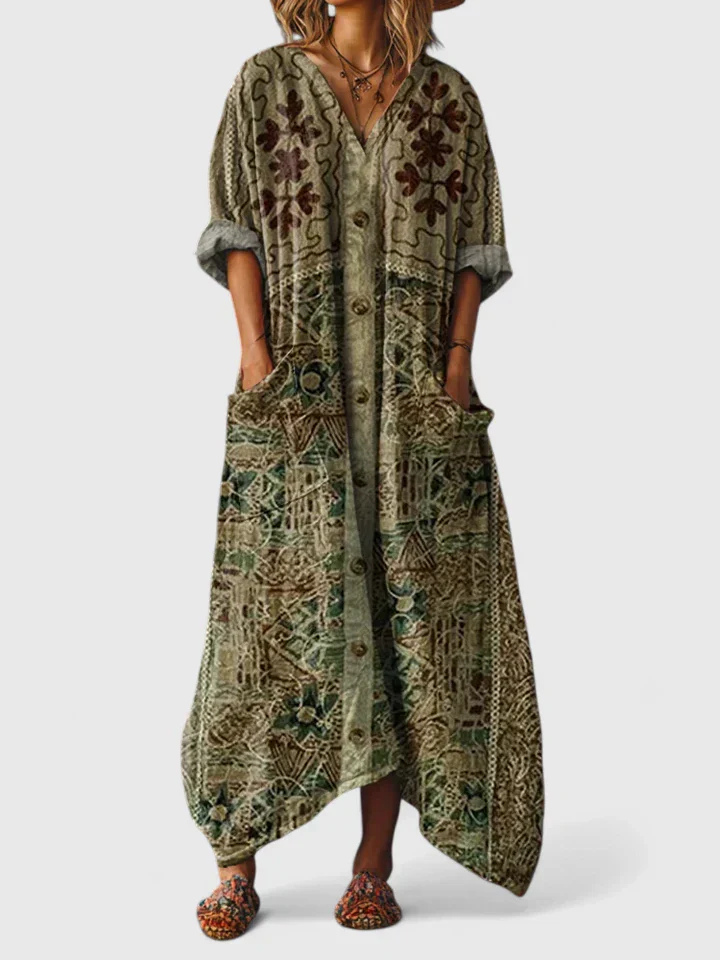 V-Neck 3/4 Sleeve Maxi Dress with Front Pockets for Women