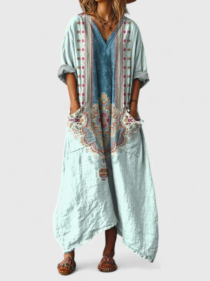 V-Neck 3/4 Sleeve Maxi Dress with Front Pockets for Women