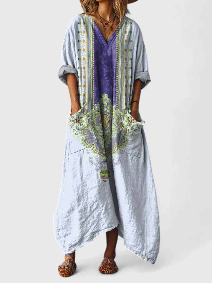 V-Neck 3/4 Sleeve Maxi Dress with Front Pockets for Women
