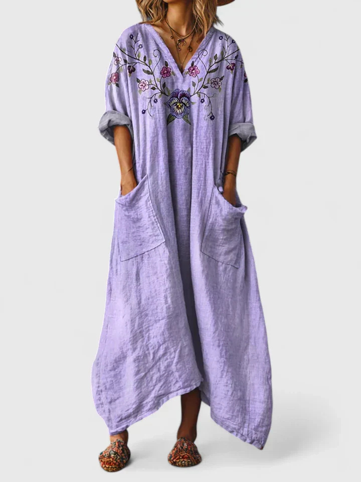 V-Neck 3/4 Sleeve Maxi Dress with Front Pockets for Women