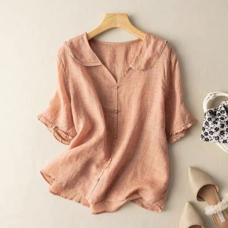 Button-Front Scalloped Collar Blouse for Women