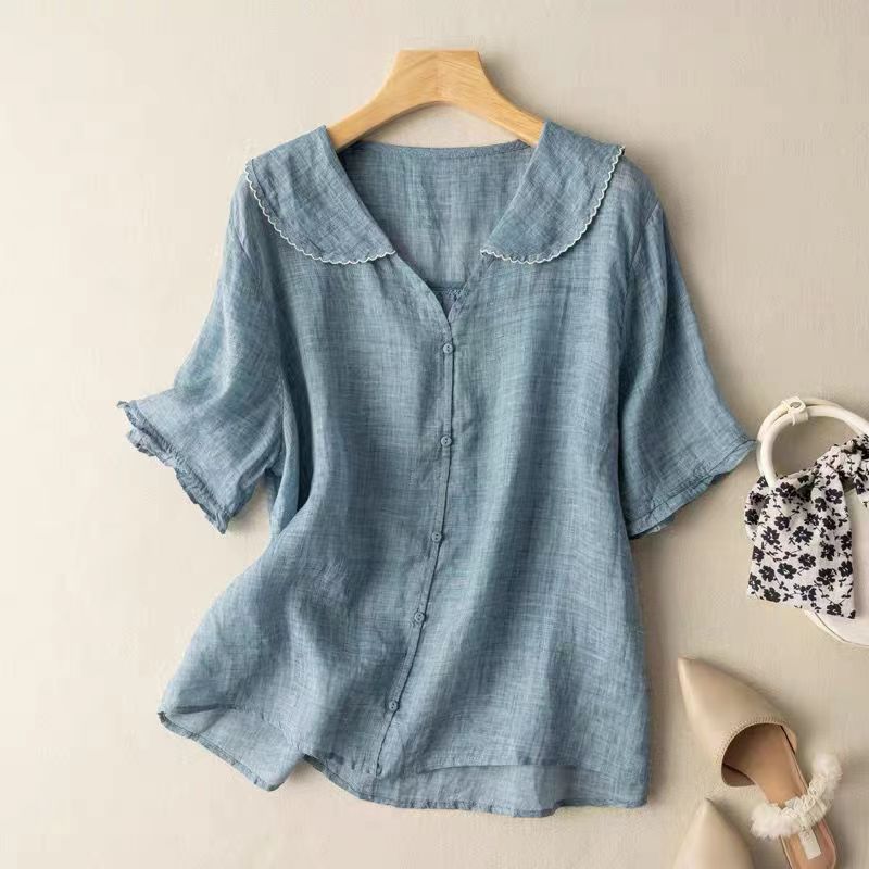 Button-Front Scalloped Collar Blouse for Women
