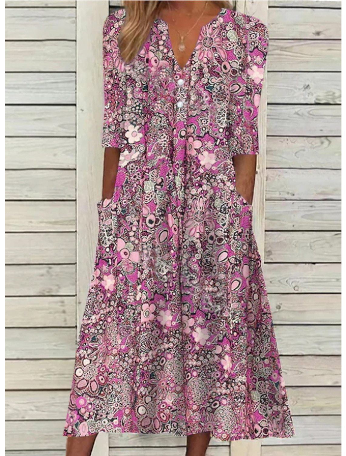 V-Neck Floral Midi Dress with Pockets for Women