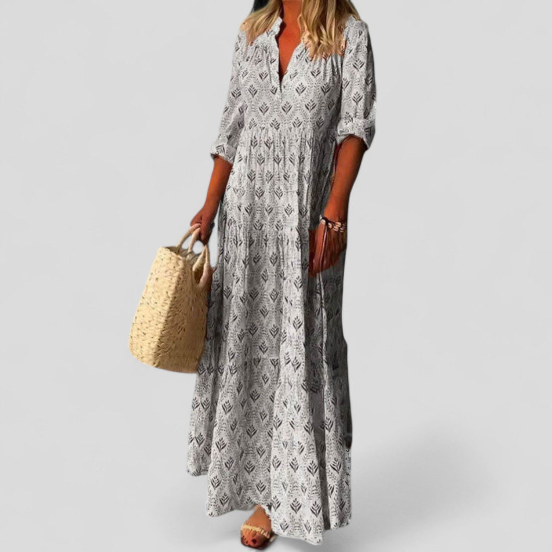 Geometric Print Linen Maxi Dress for Women