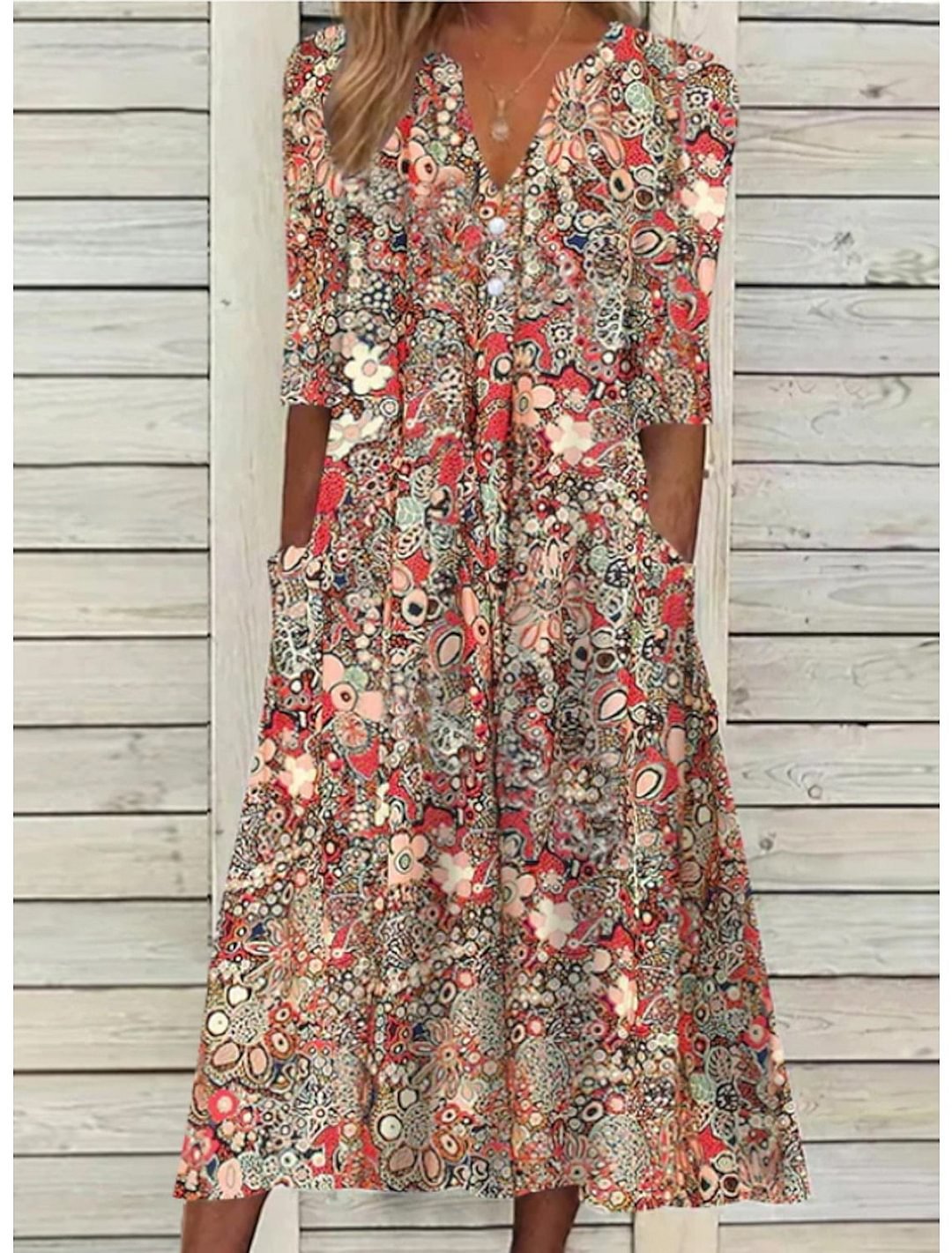 V-Neck Floral Midi Dress with Pockets for Women