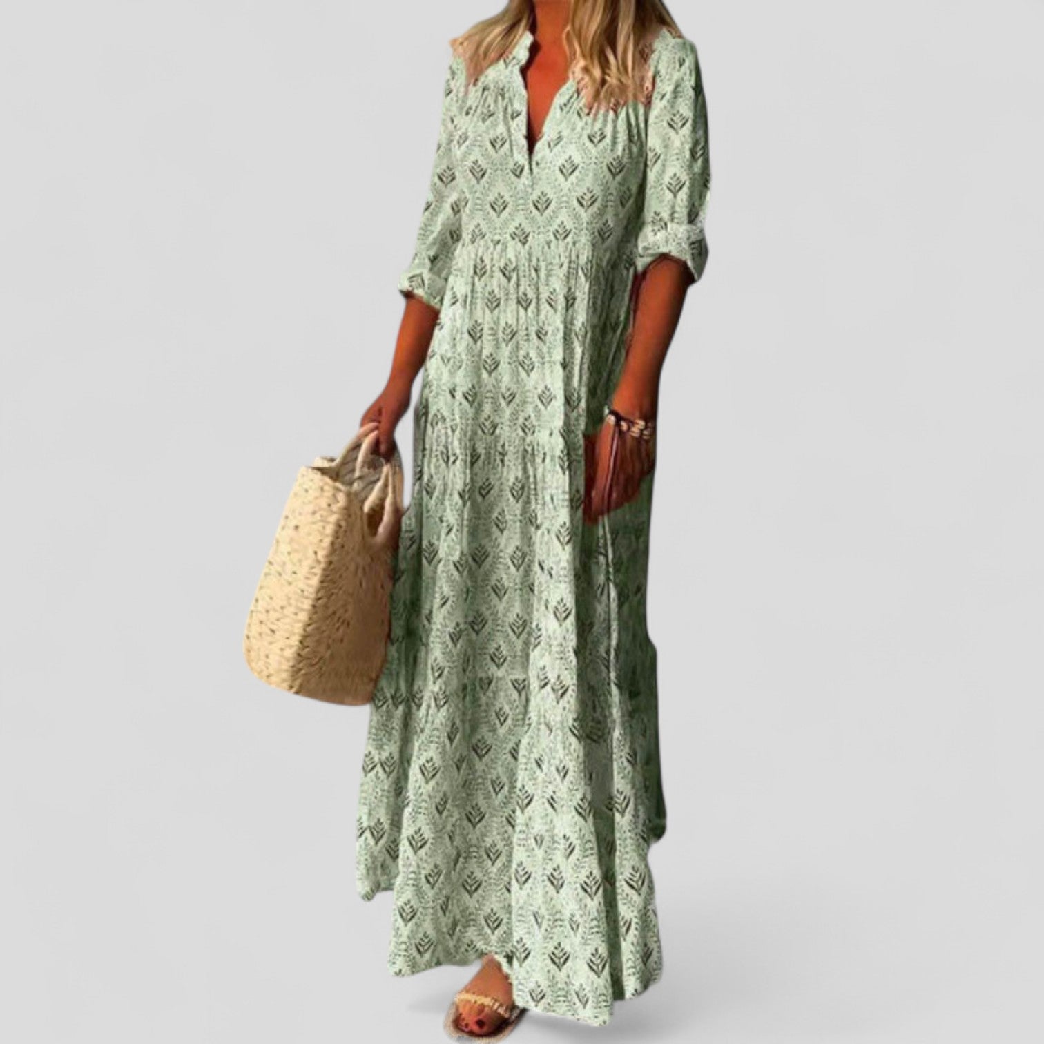 Geometric Print Linen Maxi Dress for Women