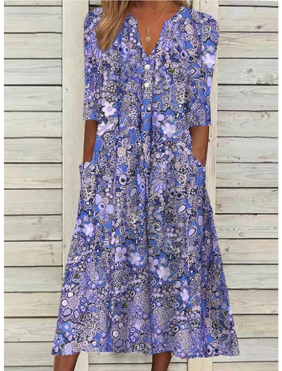 V-Neck Floral Midi Dress with Pockets for Women