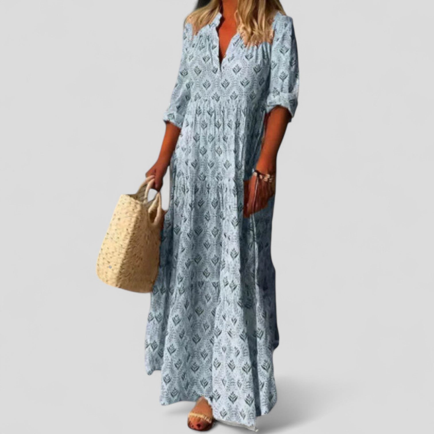 Geometric Print Linen Maxi Dress for Women