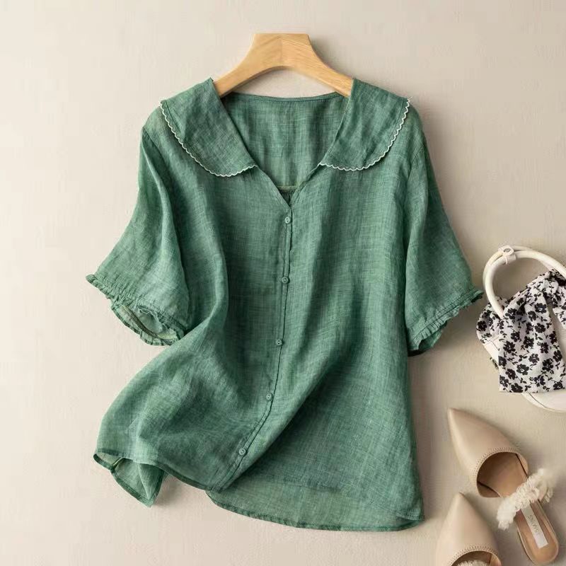 Button-Front Scalloped Collar Blouse for Women
