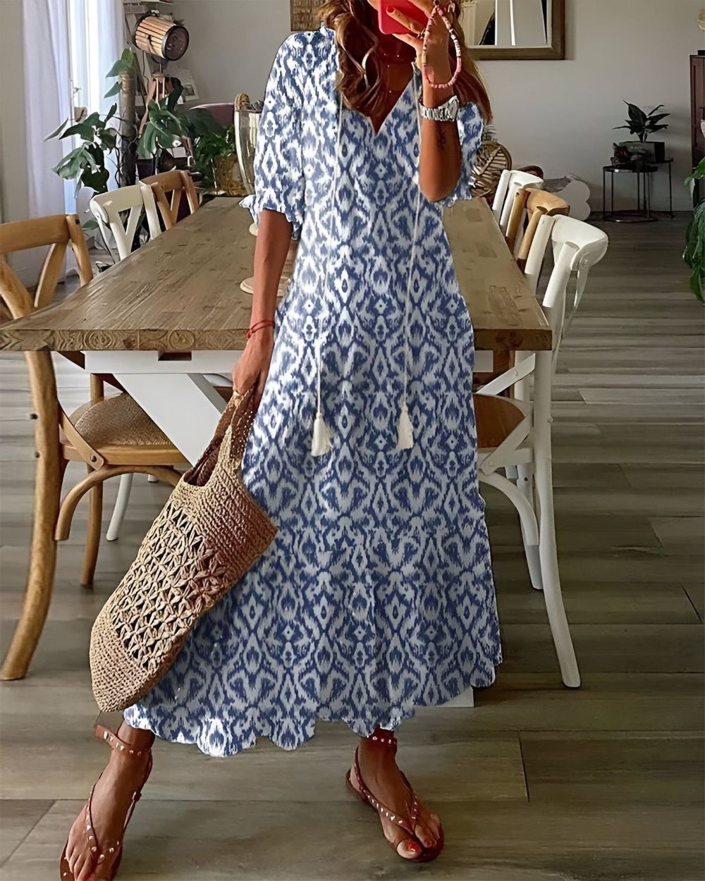 Ikat Maxi Dress with Tassel Tie Front for Women