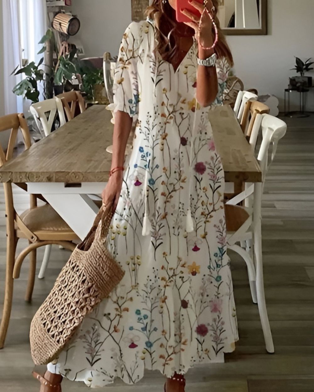 Ikat Maxi Dress with Tassel Tie Front for Women