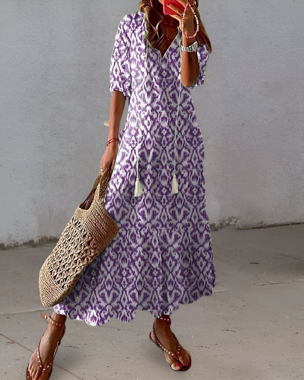 Ikat Maxi Dress with Tassel Tie Front for Women