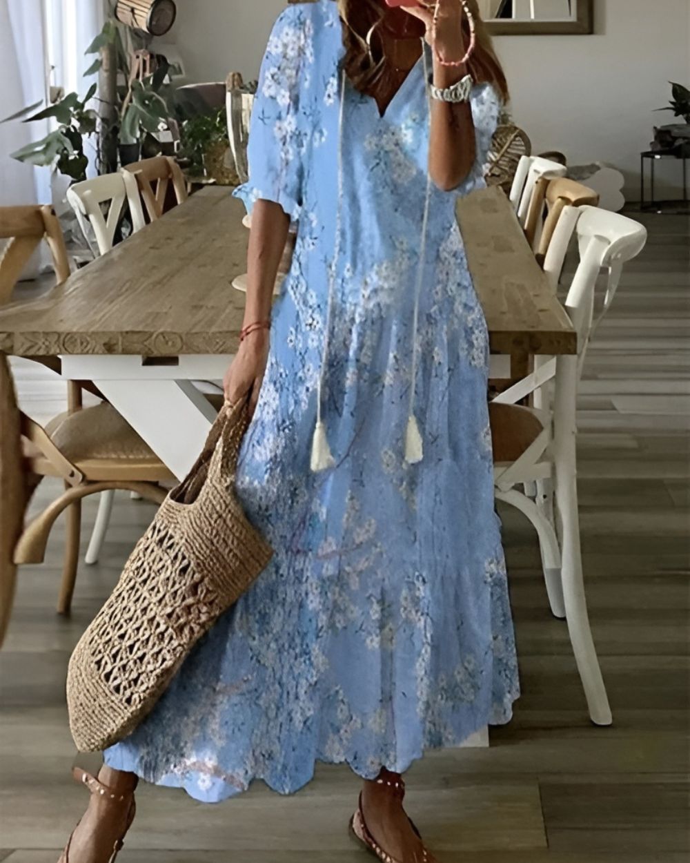 Ikat Maxi Dress with Tassel Tie Front for Women