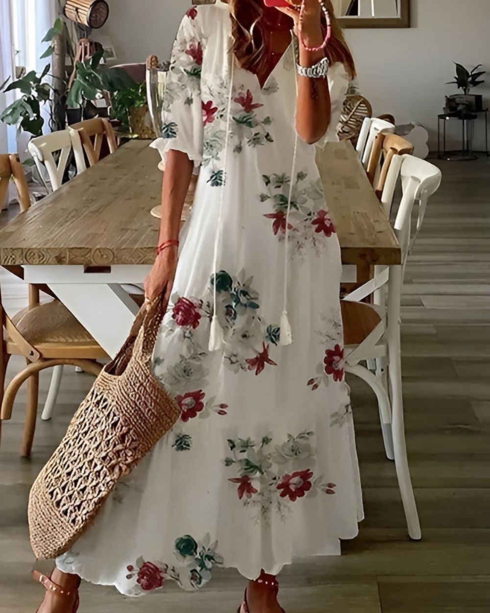 Ikat Maxi Dress with Tassel Tie Front for Women