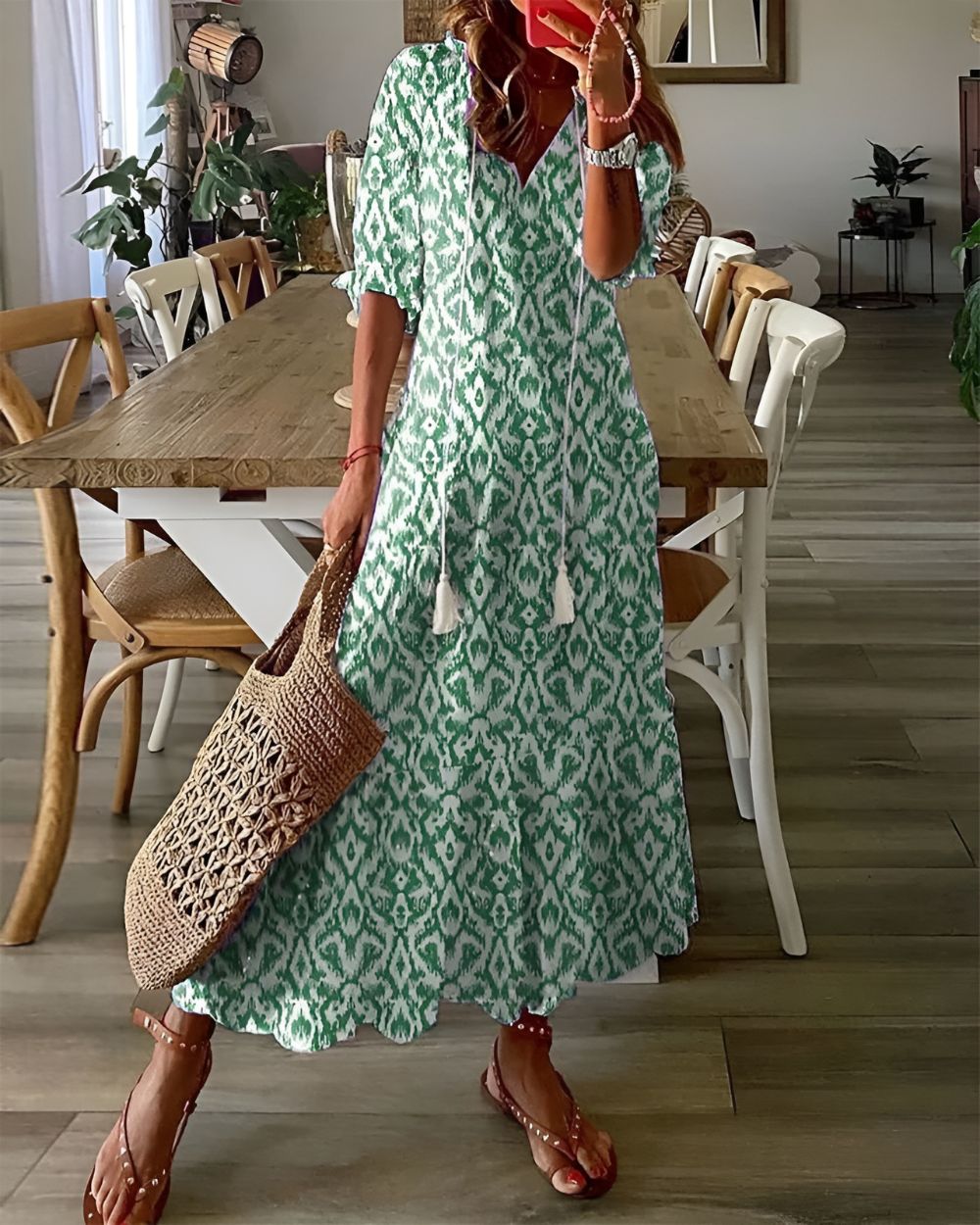 Ikat Maxi Dress with Tassel Tie Front for Women