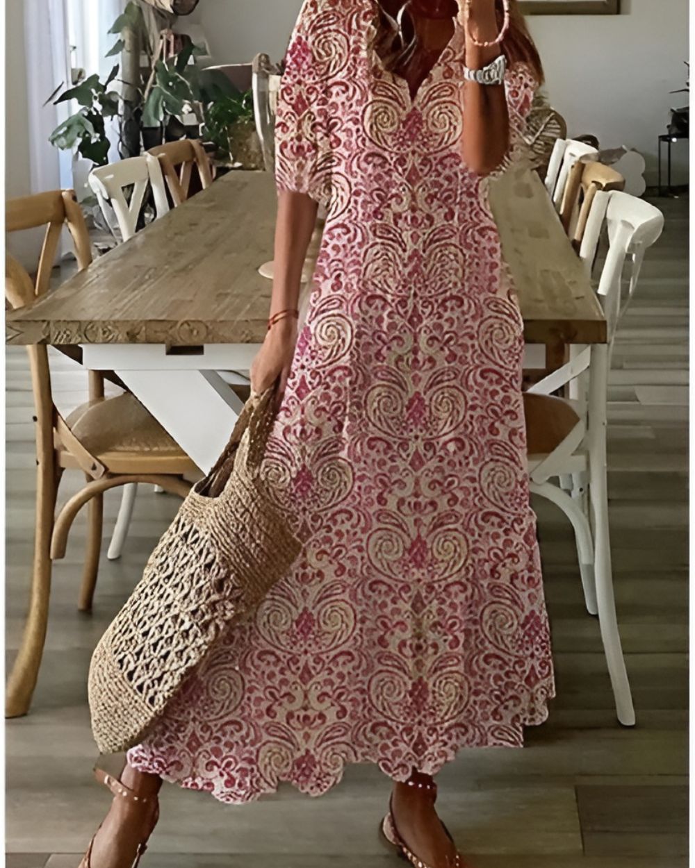 Ikat Maxi Dress with Tassel Tie Front for Women