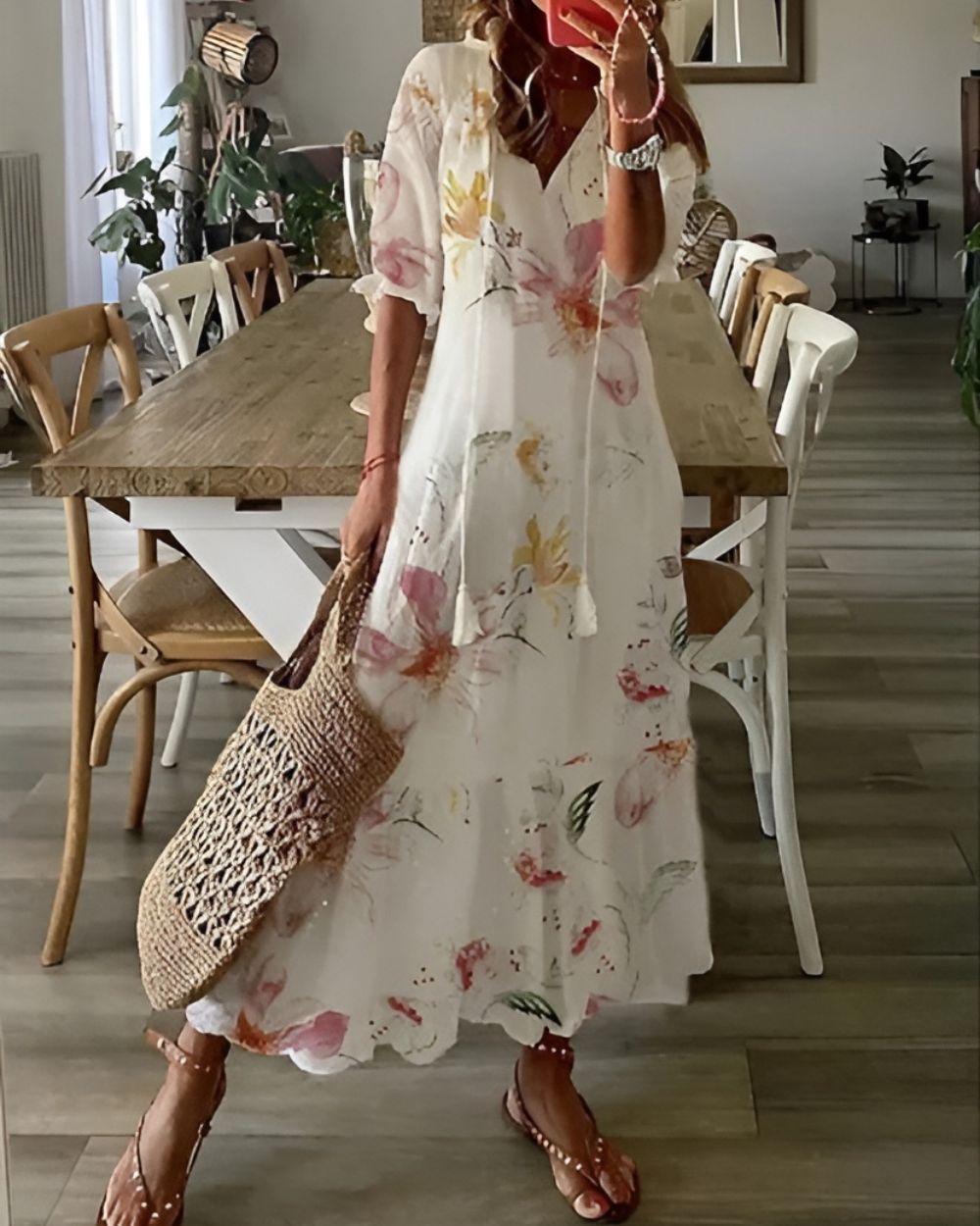 Ikat Maxi Dress with Tassel Tie Front for Women